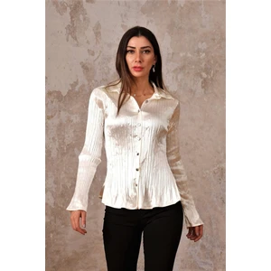Keyifli Moda Kadın Ekru Saten Piliseli Uzun Kollu Gömlek