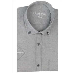 Erkek Koyu Gri Keten Efektli Cepli Kısa Kollu Pamuklu Gömlek