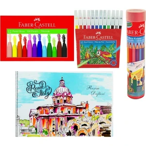 Faber Castell Pastel Boya Keçeli Boya Metal Tüp Kuru Boya 12 Li ve Resim Defteri