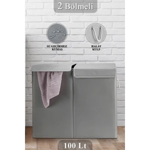 Meleni Home Iki Bölmeli Mega Boy Çamaşır Sepeti - Kulplu Katlanır Banyo Kirli Çamaşır sepeti 50 Lt + 50 Lt