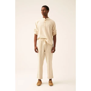 Unisex Bej Keten Pamuk Karışımlı Casual Pantolon