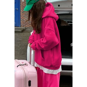 giyadda Unisex Fuşya Pembe Oversize İçi Puflu Kapüşonlu Bol Kalıp Sweatshirt Hoodie