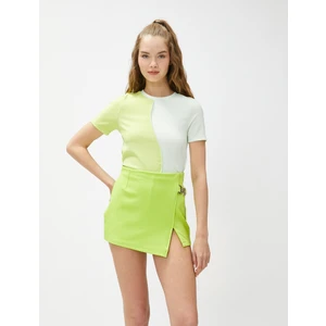 Bisiklet Yaka Tişört Fitilli Renk Bloklu Kısa Kollu