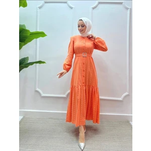 Beyaz Çizgili Yarım Düğmeli Tesettür Elbise