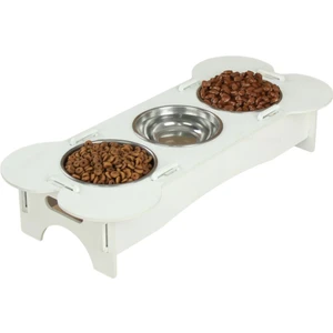 Büyük Ahşap Kedi Mama Kabı Standı Beyaz Premium Boyalı Paslanmaz Çelik Kaseli Kemikli Model