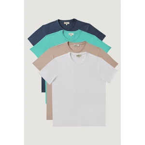 Altınyıldız Classics Erkek Bej Melanj-mınt-ındıgo Melanj-beyaz Slim Fit Dar Kesim 4'lü Tişört Paket