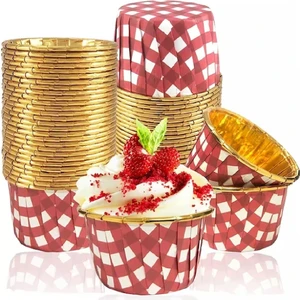 Muffin Kek Kapsülü Kare Desenli Kırmızı-Altın 25li