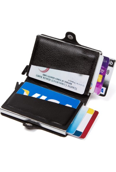 Adelina Bags Adelina Orijinal Unisex Deri Çift Alüminyum Mekanizmalı Kartlık 7X10 cm