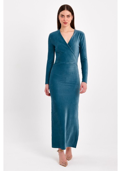 Yırtmaçlı Kruvaze Yaka Turkuaz Elbise