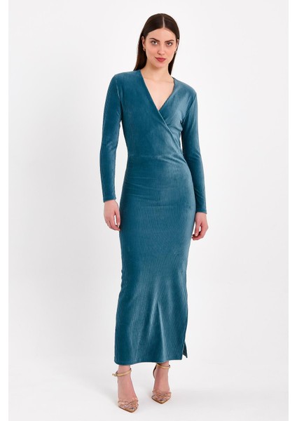 Yırtmaçlı Kruvaze Yaka Turkuaz Elbise fiyatları