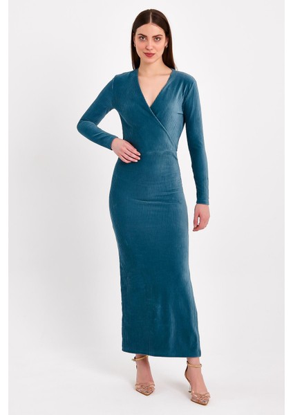 Yırtmaçlı Kruvaze Yaka Turkuaz Elbise modelleri