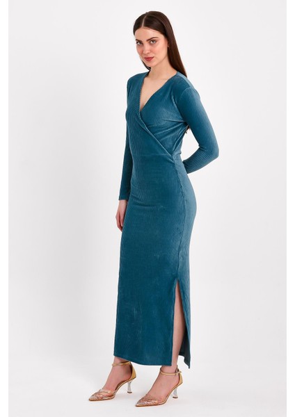 Yırtmaçlı Kruvaze Yaka Turkuaz Elbise fırsatları