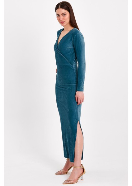 Yırtmaçlı Kruvaze Yaka Turkuaz Elbise indirimleri