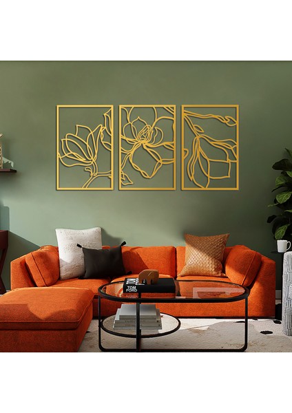 Floral Line Art 3'lü Set Metal Modern Duvar Tablosu - Ev Dekorasyonları - 30 x 45 cm - APT529