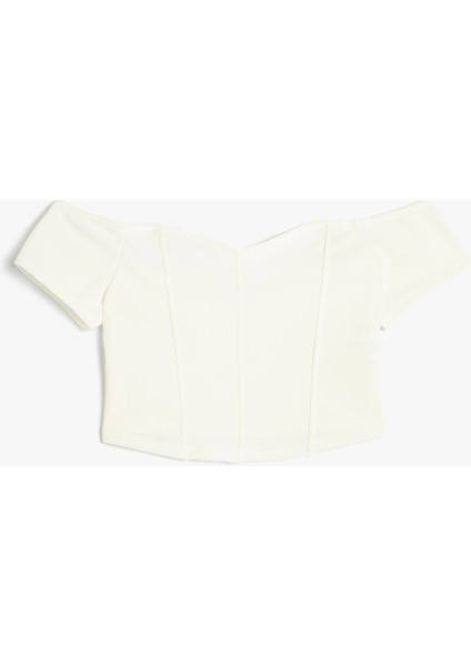 Crop Tişört Omzu Açık Korse Detaylı Kalp Yaka