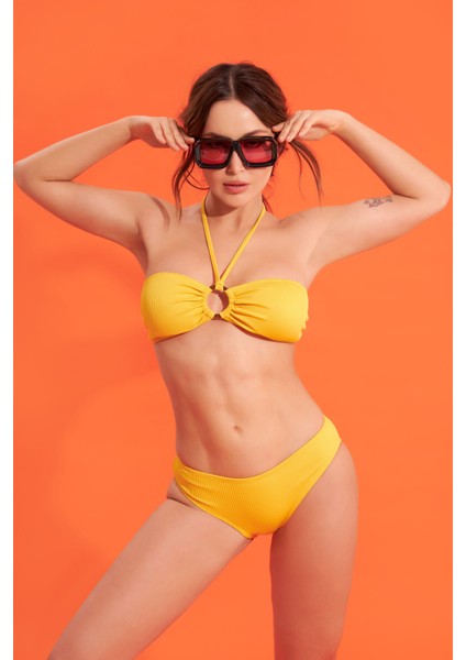 Sarı Fitilli Straplez Tek Üst Bikini
