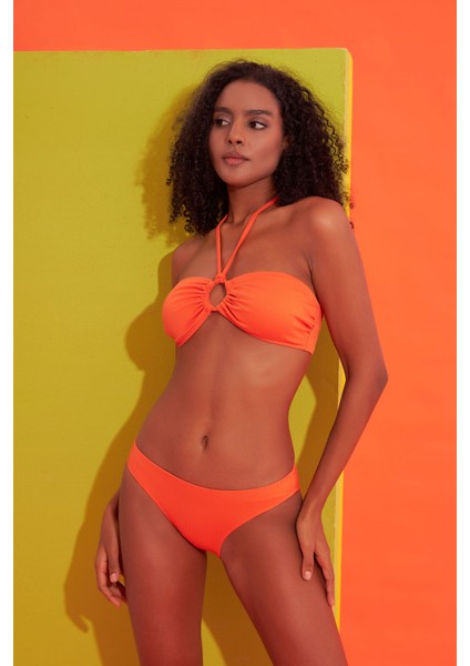 Turuncu Fitilli Straplez Tek Üst Bikini