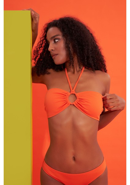 Turuncu Fitilli Straplez Tek Üst Bikini