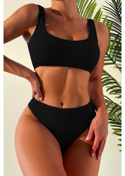Özel Fitilli Kumaş Yüksek Bel Tankini Bikini Takım