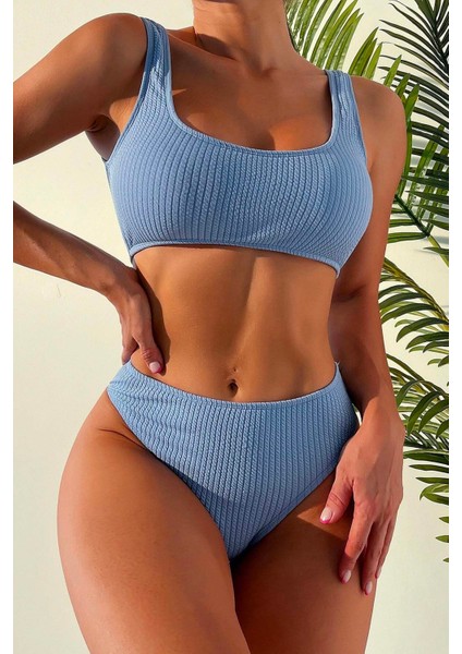 Özel Fitilli Kumaş Yüksek Bel Tankini Bikini Takım