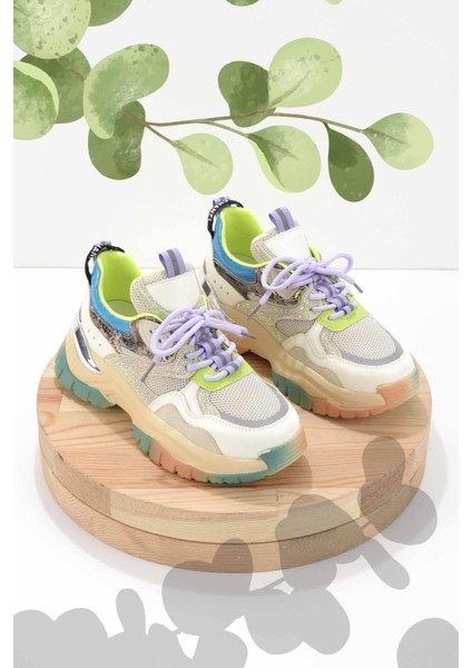Beyaz Yeşil File Kadın Sneaker K01185045522