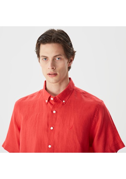 Erkek Turuncu Classic Fit Kısa Kollu Keten Gömlek W35100T.6RO