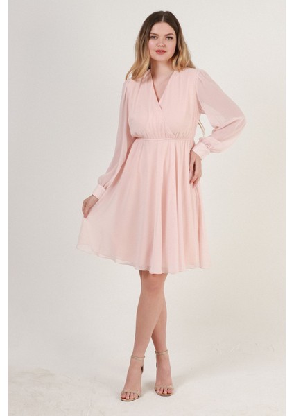 Kruvaze Yaka Bel Lastikli Şifon Elbise 1782-KREM 44 modelleri