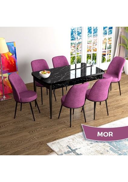 Concept Han Serisi 70X114 Açılabilir Mdf Siyah Mermer Desen Mutfak Masası Takımı 6 Sandalye