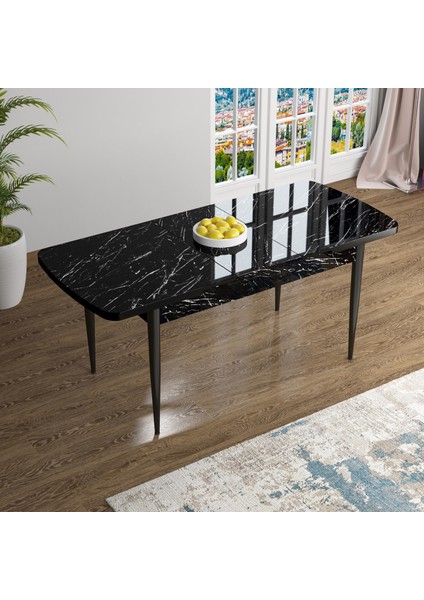 Concept Han Serisi 70X114 Açılabilir Mdf Siyah Mermer Desen Mutfak Masası Takımı 6 Sandalye