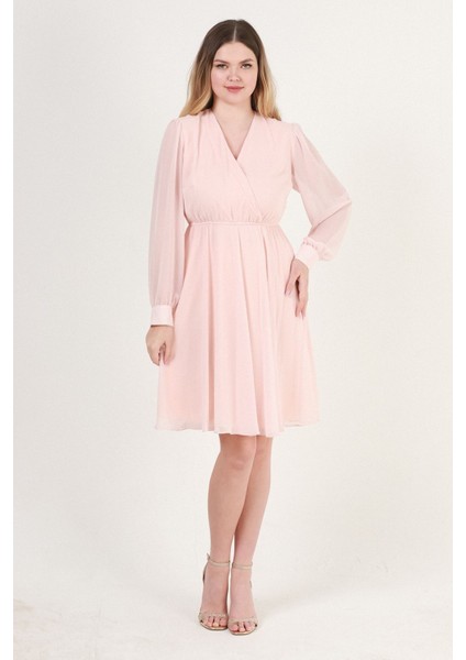 Kruvaze Yaka Bel Lastikli Şifon Elbise 1782-KREM 46