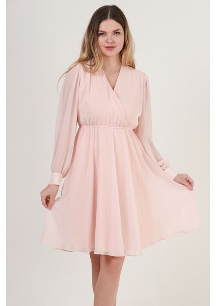 Kruvaze Yaka Bel Lastikli Şifon Elbise 1782-KREM 46 fiyatları