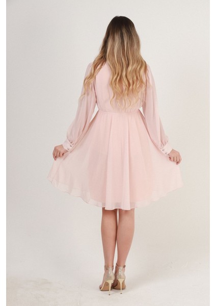 Kruvaze Yaka Bel Lastikli Şifon Elbise 1782-KREM 46 fırsatları