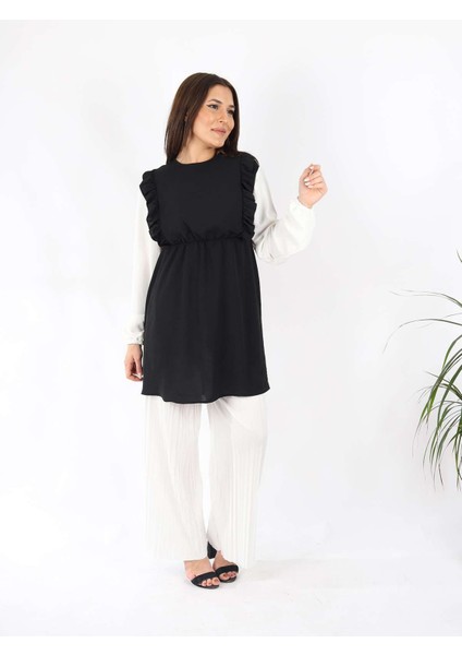Kolları Lastik Detaylı Aurobin Kumaş Tunik Siyah