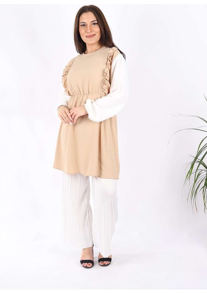 Kolları Lastik Detaylı Aurobin Kumaş Tunik Camel
