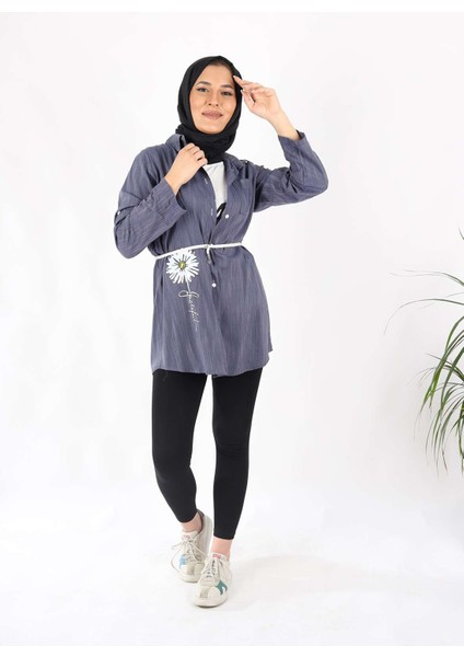 Kemer Detaylı Gömlek Bluz Ikili Takım Indigo