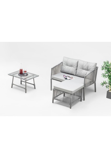 Icon Dinlenme Seti Bahçe ve Balkon Mobilyası Takımı (2'li+Sehpa+Puf) Gri