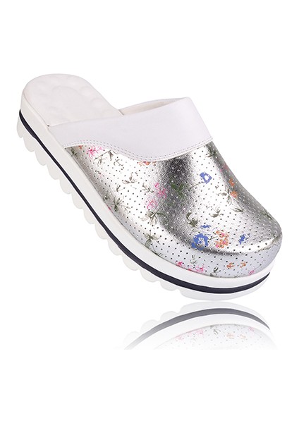 Gümüş Kardelen Desenli Ortopedik Klasik Sabo Hastane Doktor Hemşire Terliği MBS603