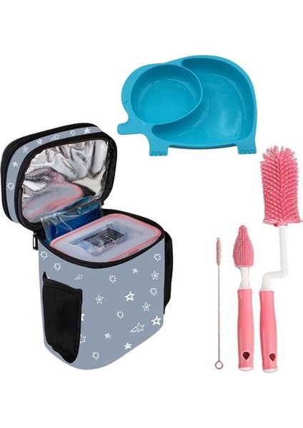 ® Deprem Çocuk Bebek Bakım Seti 3 Bakım Çantası+Mavi Mama Tabağı+Biberon Temizleme Fırçası