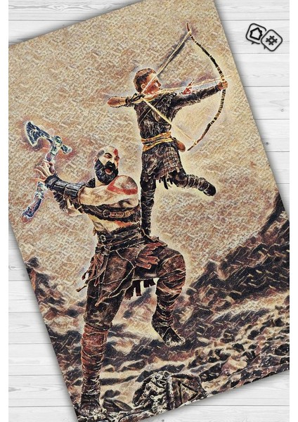 Kratos ile Atreus Dokuma Tabanlı Yıkanabilir God Of War Gamer Halısı