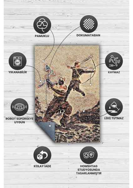 Kratos ile Atreus Dokuma Tabanlı Yıkanabilir God Of War Gamer Halısı
