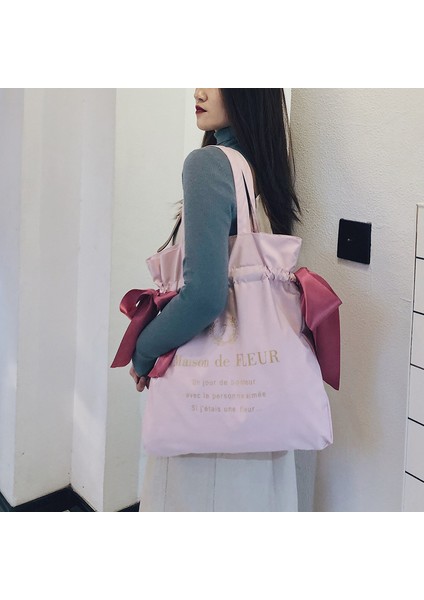 Bayanlar Tuval Omuz Çantası Kore Tarzı Sevimli Kız Gibi Yay Düğümü El Çantası (Yurt Dışından)