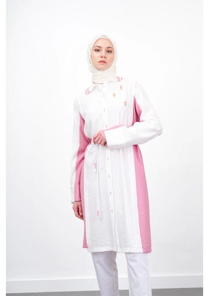 Bel Bağcıklı Taş Işlemeli Tunik - Ekru/fuşya