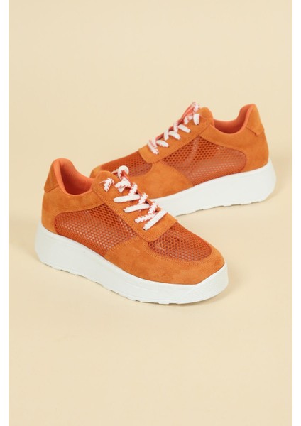 Süet File Garnili Bağcıklı Kadın Sneakers Turuncu