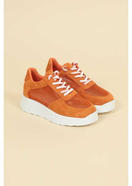 Süet File Garnili Bağcıklı Kadın Sneakers Turuncu