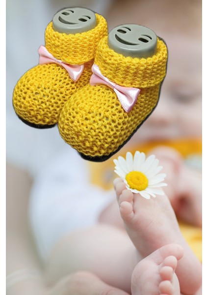 Bebek Patik, Fiyonklu Örme Dikişsiz Bebek Patiği, Triko Örgü Bebek Patiği 0-12 Ay Sarı