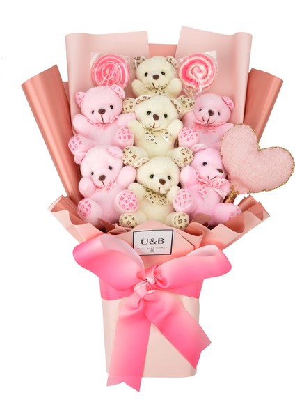 Karışık Pembe Kalpli Şekerli Ayıcık Çiçek Buketi