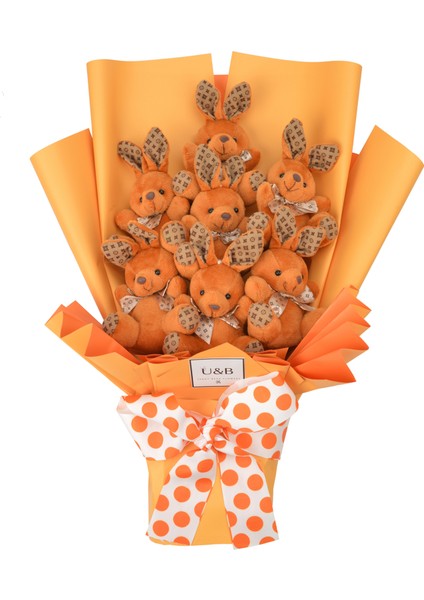 Turuncu Tavşan Ayıcık Çiçek Buketi