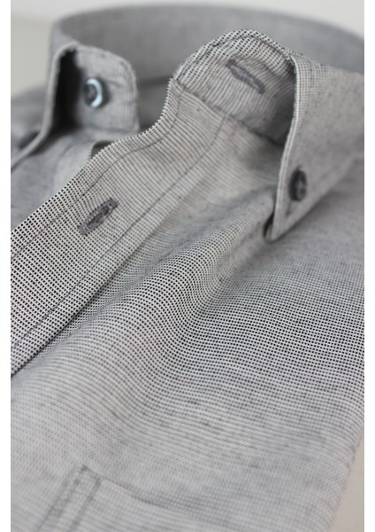 Erkek Koyu Gri Keten Efektli Cepli Kısa Kollu Pamuklu Gömlek modelleri