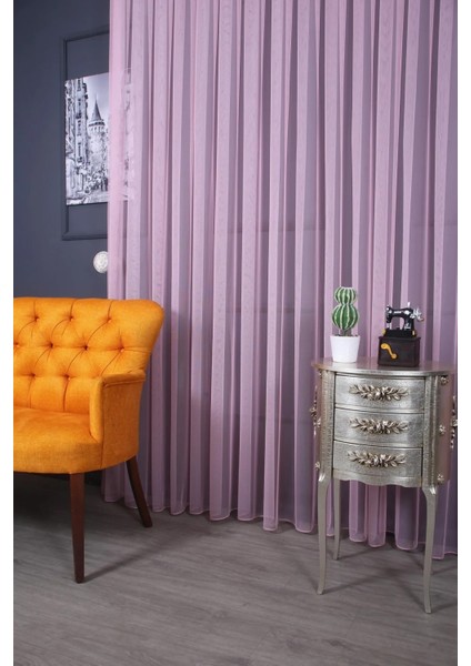 Taç Pembe Düz Renk, 1/2 Seyrek Pile Tül Perde Tek Kanat - 100 x 250 cm