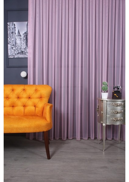 Taç Pembe Düz Renk, 1/3 Sık Pile Tül Perde Tek Kanat - 100 x 260 cm